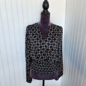 NWT Haver London Top Womens Black Beige Gold Flowy Puff Sleeve Smocked Waist S